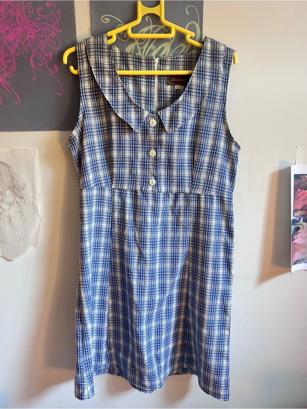Vintage Blue Plaid Sleeveless Collared Dress